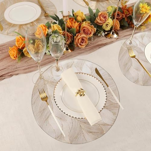 Image of HomeCloud PVC Material Round Shape Table Mat, Dining Table Mat,Table Placemats, Round Mats,Best for Bed-Side Table /Center Table, Dining Table /Shelves (Circle Leaf Flower Gold, Set of 1)