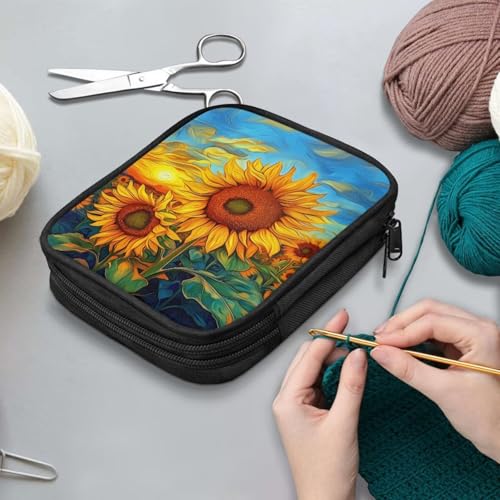 Image of Art Sunflower Crochet Hook Case Crochet Hook Holder Portable Storage Bag with Web Pockets Suitable for Needles /Knitting Accessories