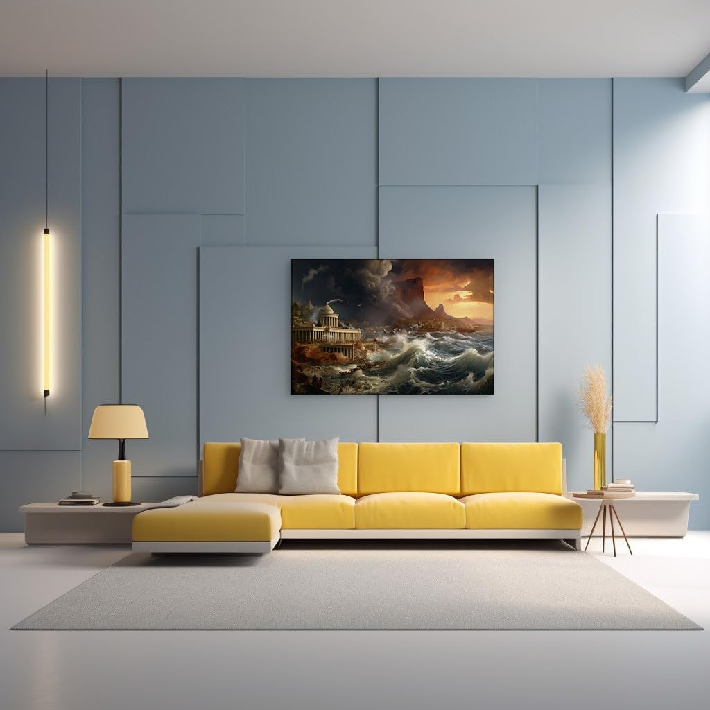 Canvas for Living room. Ancient City's Wrath: Witnessing Nature's Fury Unfold, 27 x 18 inch Canvas Wall Art - Ready to Hang