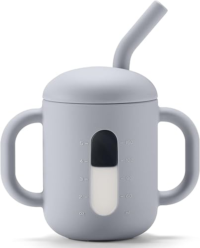 Miniatura 13 de CLYMENE Taza de entrenamiento de silicona con popote y asas, taza para beber para bebé, taza para beber agua para bebés y niños pequeños de 6 meses