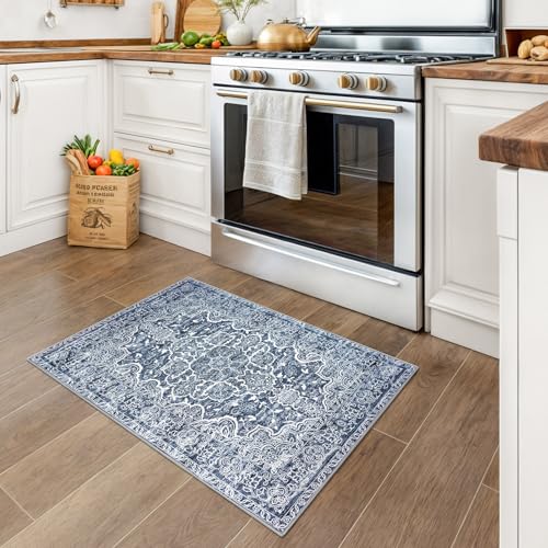 KUTA Vintage Small Area Rug 2x3 Blue White Washable Entryway Rugs Non-Slip Ultra Soft Modern Floral Doormat Printed Retro Distressed Accent Carpet Farmhouse Kitchen Throw