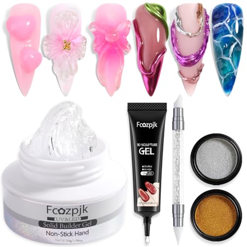 Fcozpjk Solid Builder Gel Kit, 6 Colors Non Sticky Hand Solid Builder Gels for Nails Aurora Blue Pink Pearl White Hard Gel With Silicone Carving Pen 3D Sculpting Nail Art Starter Kit 2pcs