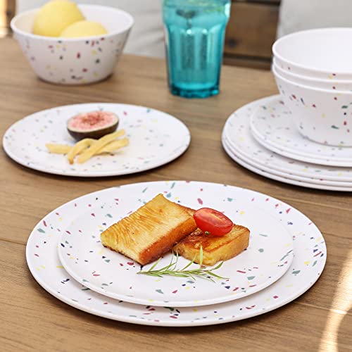 12 Pieces Dinnerware Set Melamine Plates And Bowls, Service For 4, Lightweight & Unbreakable Dishes- Perfect For Graduation Birthday Wedding Use Reuseable Dish Set（Multicolored Confetti） #TOP2