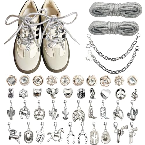 Lospfo Western Cowgirl Sneaker Shoe Charms & Chains Junk Kit: 44pcs Bling Silver/Gold Sneaker Shoelace Jewelry Charms for Tennis Shoes, Hats, Socks, Clothing Accessories Fashion DIY Decoration (Silver)