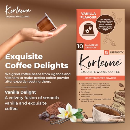 Image of KORLEONE EXQUISITE WORLD COFFEE Aluminium Coffee Capsules Compatible With Nespresso Intensity 9 Dark Rost Level Rich In Flavor For Brewing A Perfect Coffee Cup In Seconds (Vanilla), 50 Gm