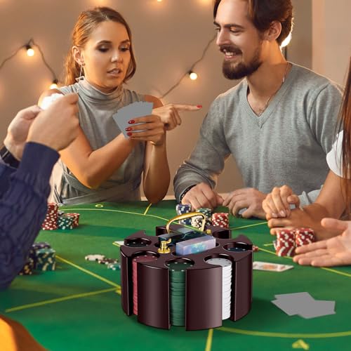 image for Wettarn Poker Chips Poker Set, 200 Count Rotating Chip Case Wood Carou