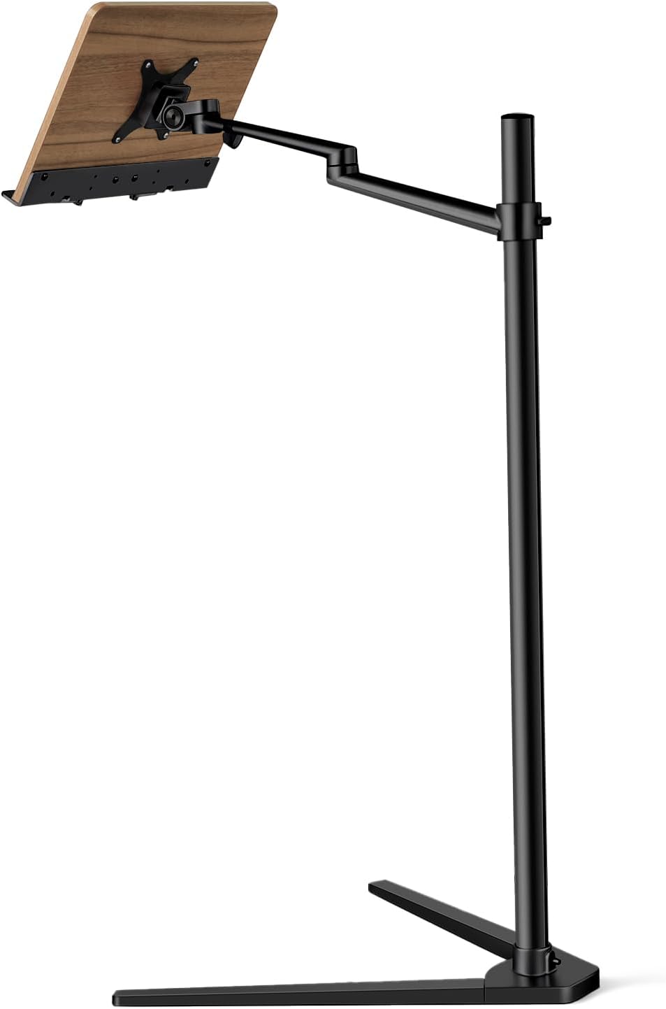 height adjustable floor book stand with wood platform,laptop stand compatible with macbook/ipad/tablet/phone-black