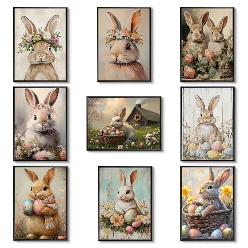 Easter Bunny Wall Decor Set of 9, Vintage Holiday Wall Art Painting, Fun Rabbit Canvas Poster Print Picture, Rustic Easter Egg Décor Oil Paintings, Vintage Home Decor Animals Artwork Prints 8x10 Unframed