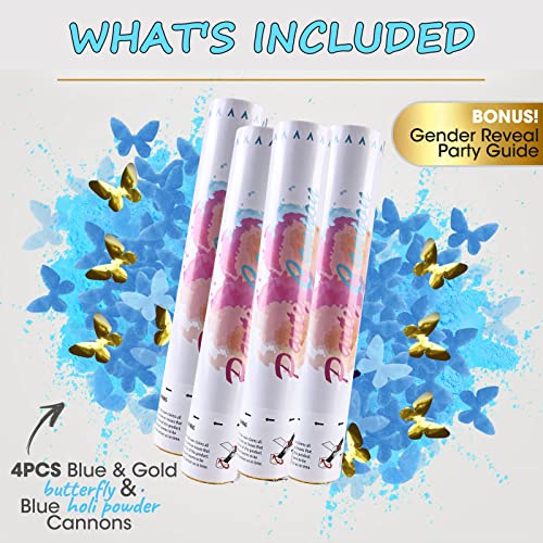 Delamiya Confettikanon, blauw, 4 stuks, 30 cm, party-popper, gender reveal party popper met vlindervulling, voor jongens… - Image 4