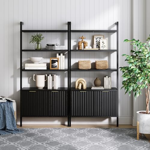 Nathan James Jasper 3-Shelf Solid Wood Boho Bookshelf, Wall Mounted Bookshelf with Cabinet with Fluted Doors, Black Oak, Set of 2