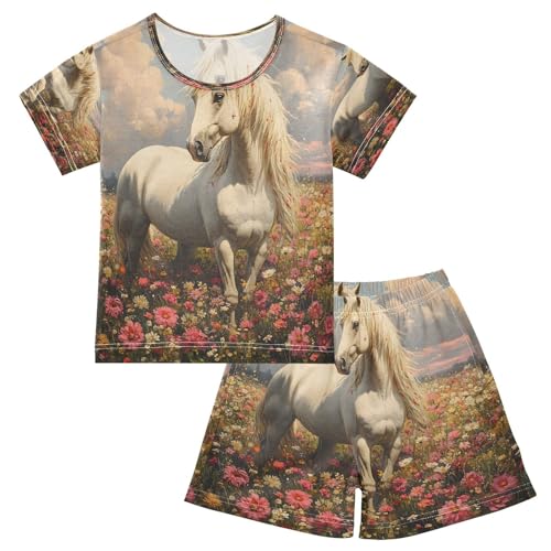ALAZA Horse Flower Landscape Pajamas Set Short Sleeve Cotton Sleepwear Summer Pjs 2 Piece 5-14Y