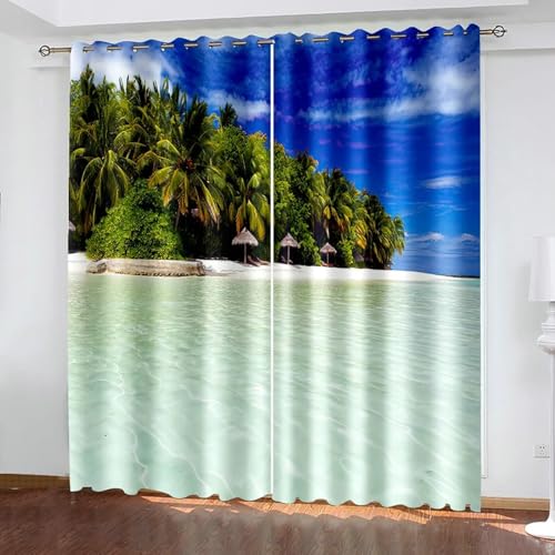 Beydodo Cortinas Opaca Blackout Dormitorio 2 Paneles 214cm, Paisaje de Cocoteros Playa, Cortina Balcón con Ojales, (Azul Verde, 214x229cm)
