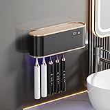 UV Toothbrush Sanitizer Holder for 4 | Wall Mounted Toothbrush Holder for Bathroom with Fan Drying | USB Rechargeable Toothbrush Cleaner & Sterilizer, No Drill Install, Modern Design (Black)
