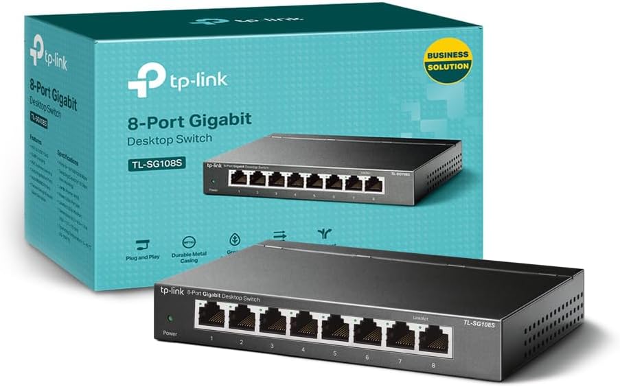 TL-SG108S, 8 Port Gigabit Ethernet Network Switch, Ethernet Splitter, Hub, Desktop and Wall-Mounting, Sturdy Metal, Fanless, Plug and Play, Energy-Saving