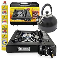 3 In 1 Camping Starter Kit - Includes Gas Stove, 4 Gas Bottles & 2.5L Kettle | Premium Burner, Automatic Ignition & Heat Control | Suitable for Fishing, Camping & Hiking | Lightweight, Essentials