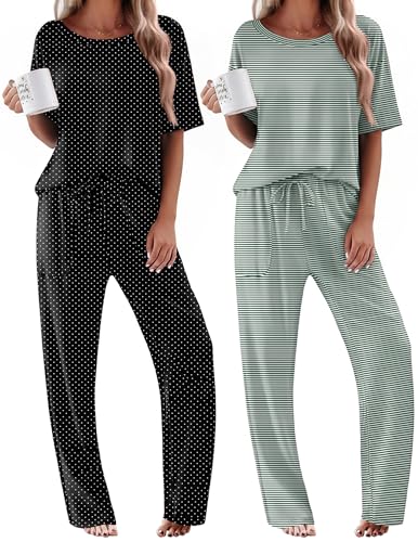 Ekouaer Womens Pajama Sets Summer Loungewear Scoopneck Night Shirts with