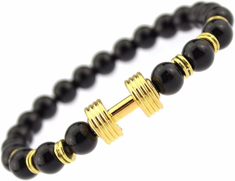 EUPHORIA : Fitness Jewelry Collection: Natural Black Agate stone with Dumbbell Bracelet Barbell Gym Fit Men Women Luxury Bracelet Bangle