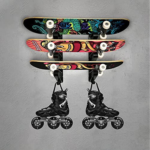 BOOSTEADY Soporte de Pared para Monopatín, Colgador de Skate de Pared para Tablas de Snowboard, Tablas de Surf, Esquís Acuáticos y Patina, Diseño Horizontal que Ahorra Espacio de Skate