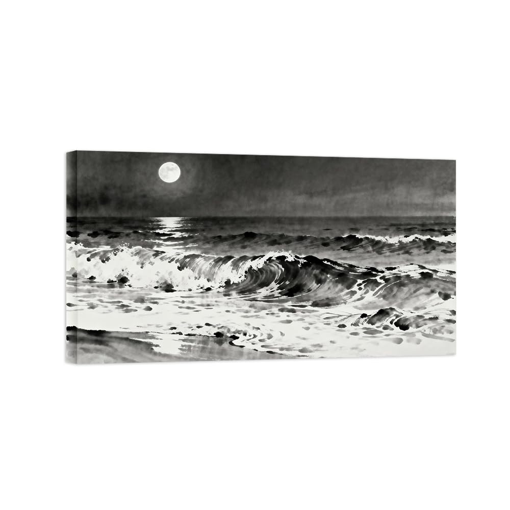 OZPWBVY Black and White Landscape Print Painting-Sea Waves Beach-Minimalist Canvas Wall Art Picture for Home Ready to Hang 27x49in 70x125cm Wrapped Canvas