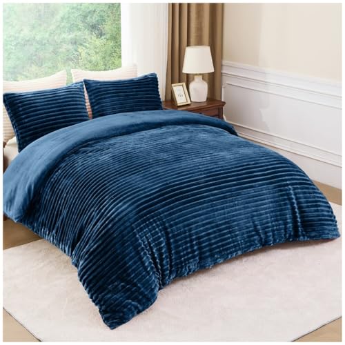 Image of Osum Chunky Ribbed Cord Teddy Bear Winter Duvet Cover Set – Super Soft Fluffy Sherpa Fleece Bedding with Pillowcases, Warm & Cosy Thermal Quilt Cover for Winter Comfort (Navy Blue, Single)