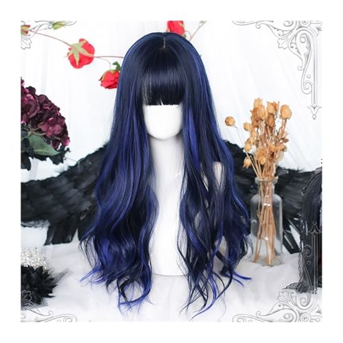 Perruque noire et bleue longue et bouclée avec frange soignée pour femme