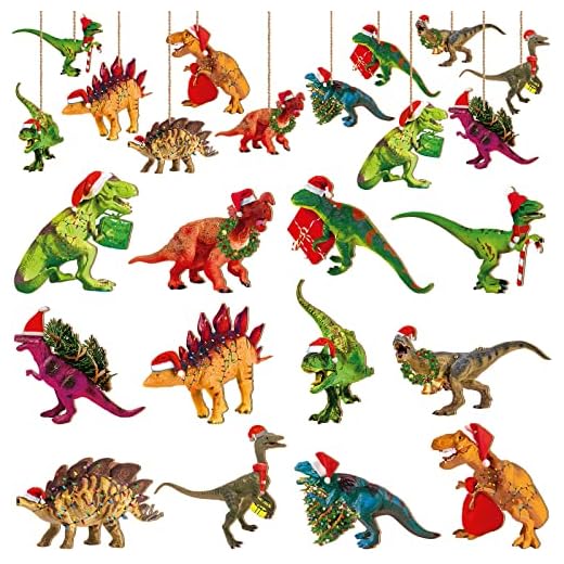 24 Pieces Christmas Dinosaur Ornaments Set Dinosaur Hanging Ornament with Rope Wood Christmas Tree Decor Christmas Tree Kids Dinosaur Themed Birthday Party Favors