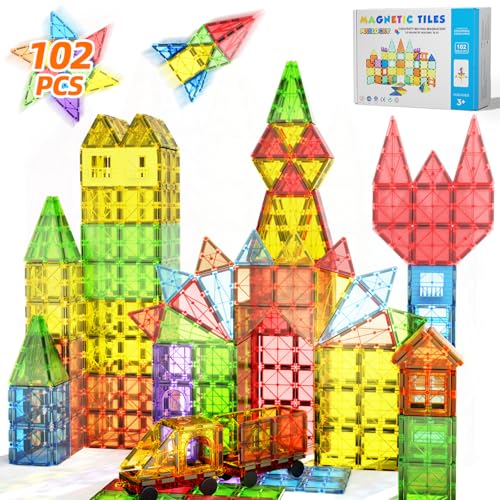 102PCS Magnetic Tiles for Kids Ages 3-5 Magnetic Building Blocks Sensory Toy for Toddler STEM Learning Educational Preschool Creative Christmas Birthday Gifts for Boys Girls 3 4 5 6 7 8 + Year Old