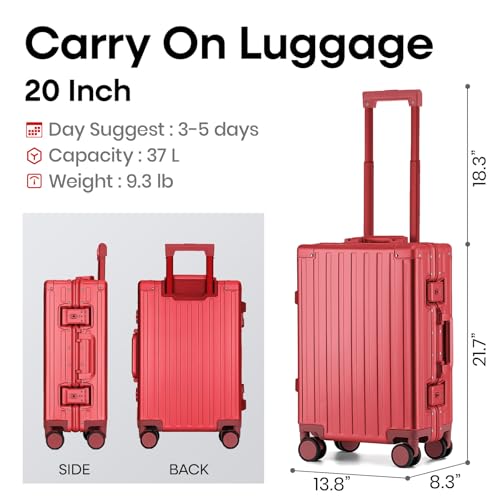 Image of 20 Inch Premium All Aluminum Carry On Luggage 22x14x9 Airline Approved Zipperless Hard Shell Suitcase with TSA Lock Silent Spinner Wheels for Business Travel,Red