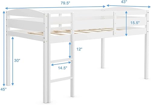 Miniatura 9 de Cama baja de madera de tamaño individual con barandilla de protección y escalera para niños y niñas, cama baja clásica para niños con almacenamiento