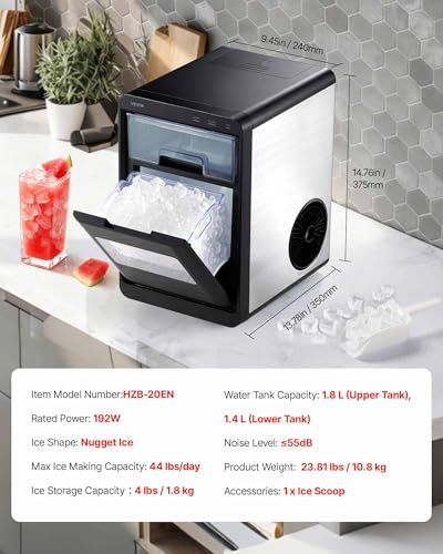 Image of VEVOR Countertop Ice Maker, 44 lbs per Day, Self-Cleaning Portable Machine with Scoop, Drawer-Style Ice Access, Nugget Ice-Making Machine with Chewable ICES for Home, Kitchen, Office, Bar & Party