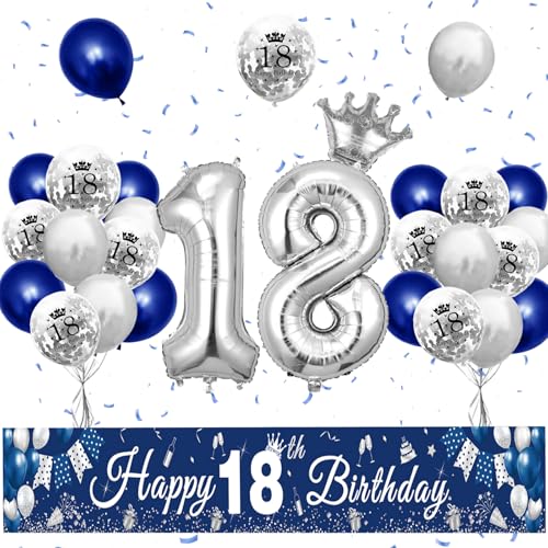 XIEXIESHER Palloncini Compleanno 18 anni, 18 Anni Compleanno Festa Decorazioni Blu Argento, con 18 Striscione di Compleanno, Decorazioni Compleanno per Ragazzi Ragazza Festa 18 Compleanno