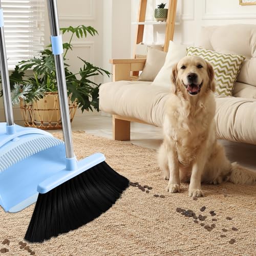 Image of BSKLIN Broom and Dustpan Set for Home, 52 inch Long Handle Broom Set with Dustpan Teeth to Clean Hair Sweeping Indoor and Outdoor (Blue)