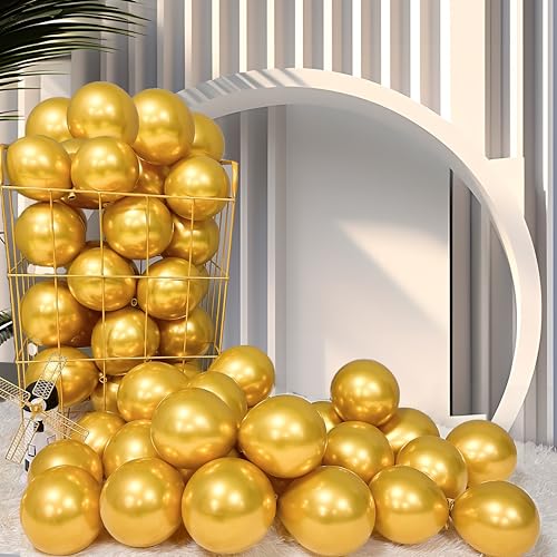 Image of Firomi Metallic Chrome Gold Balloons 5-inch 100 Pack (with 2 Ribbons) | Helium Small-Medium Shiny Round Gold Thicken Latex Balloon for Wedding Birthday Party