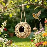 Pájaro colgante de ratán natural para nido para loros, pájaros pequeños con entrada abierta y forma redondeada para fomentar la cría y el descanso (14 x 14 cm, 75 g)