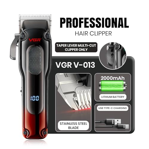 Image of VGR V-013 Professional Salon Quality Hair Clipper - 200 Minutes Runtime, 2000mAh Lithium Battery, Adjustable Taper Lever, 8 Guide Combs, LED Display (Red)
