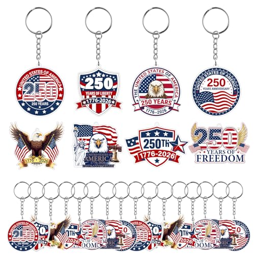 Marhpveua 16 Pcs 250th Anniversary Keychain Gift Bulk Acrylic Patriotic Keychains Bulk 4th of July Keychain Gifts for Veterans Day Independence Souvenir Accessories
