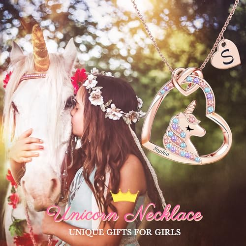 Easycosy Personalized Unicorn Necklace for Girls, 18K Gold Plated Custom Initial&Name Jewelry, Colorful CZ Heart Pendant Unicorn Birthday Gift for Little Girls Daughters Kids2