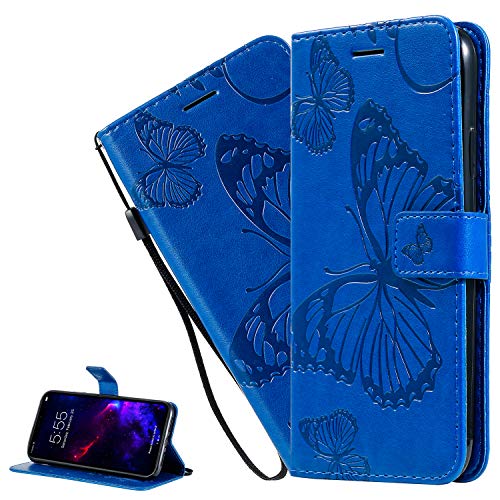 LEMAXELERS Nokia 6 2018 Hülle,Nokia 6 2018 Handyhülle Schmetterling Prägung Mädchen Flip Hülle PU Leder Cover Magnet Schutzhülle Handytasche für Nokia 6 2018,KT Die Blue