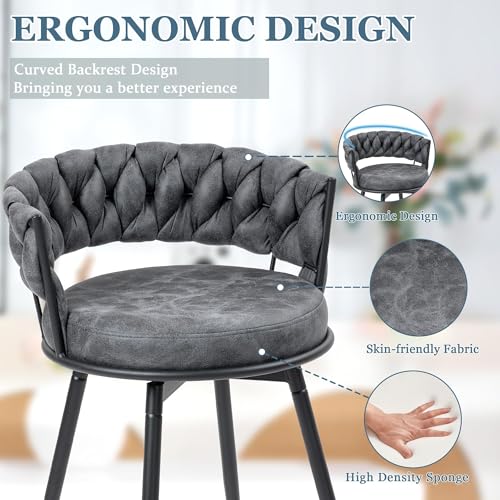 Bar Stools Set of 2, 28 inch Counter Height Stools 360° Swivel Bar Stools Counter Stools for Kitchen Island with Woven Back and Suede Fabric, Metal Frame & Footrest for Cafe, Pub, Bar, Gray by LONXIU - Image 3