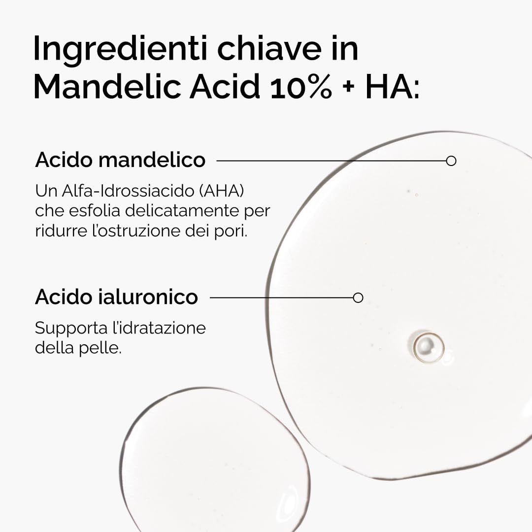 The Ordinary Mandelic Acid 10% + HA 30ml, Siero esfoliante Acido Mandelico e Acido Ialuronico, Delicato per purezza e idratazione