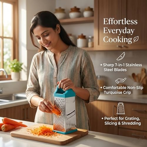 Image of Signamio 7 in 1 Cheese Grater Stainless Steel Vegetable Slicer for Kitchen - Carrot Grater Machine and Multi-Function Slicer Box, Durable Blades for Efficient Food Preparation - Multicolor