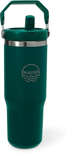 MAYIM Adventure Flow - Vaso de acero inoxidable de 30 onzas a prueba de fugas con tapa y popote, botella de agua aislada o termo con tapa y asa a