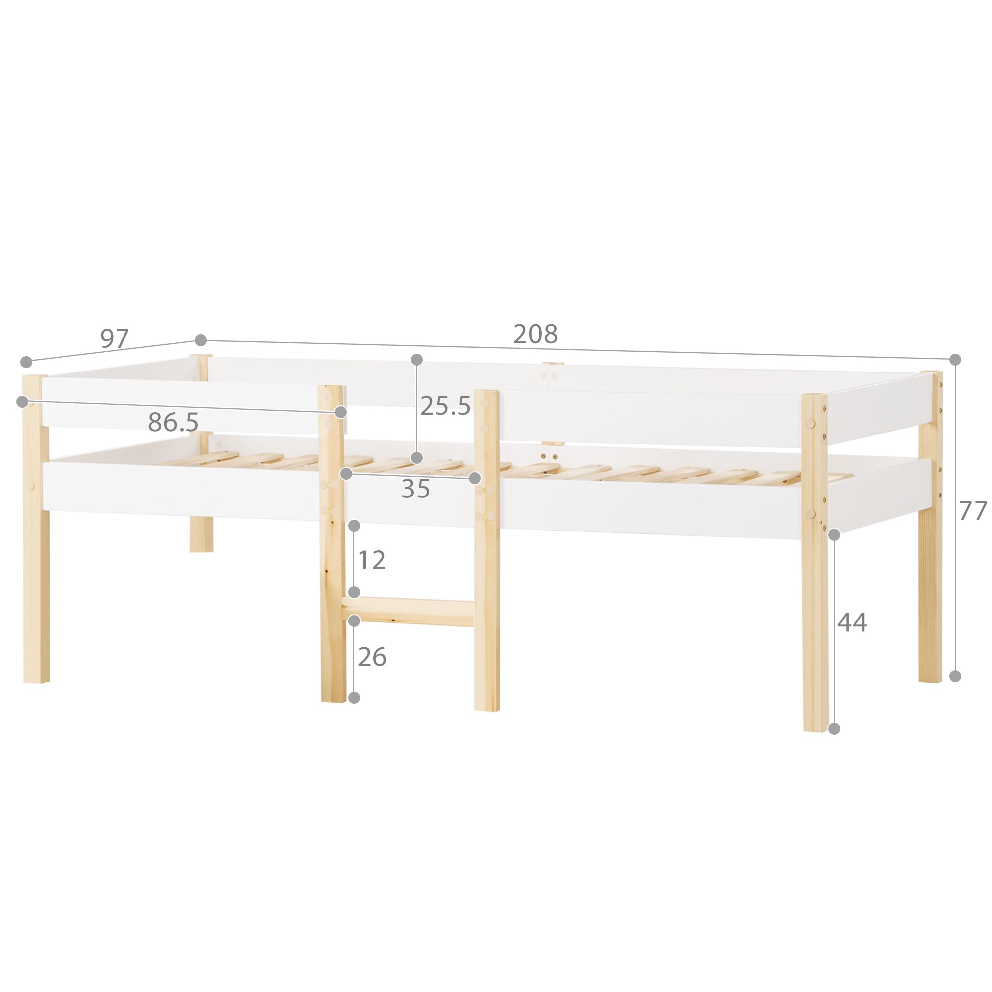 Lettino per bambini con protezione anticaduta, in legno di pino, 90 x 200 cm, bianco+rovere (90 x 200 cm)
