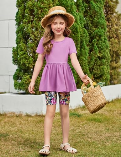 Image of Arshiner Girls Summer Outfits Short Sleeve Ruffle Hem Top and Biker Shorts Set Girl Clothes 4-15 Years