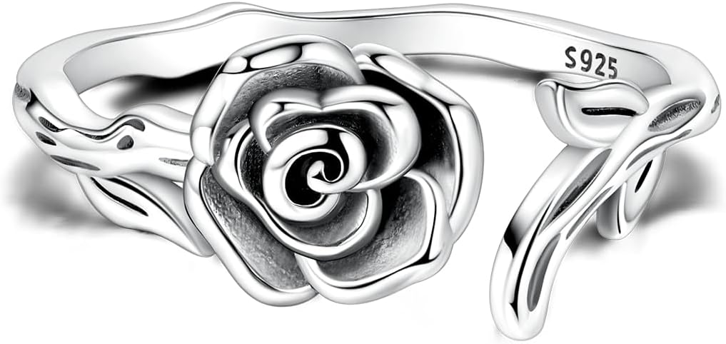 Hapour Adjustable Rose Rings for Women S925 Sterling Silver Stackable Open Eternity Band Flower Leaves Rings - Image 3