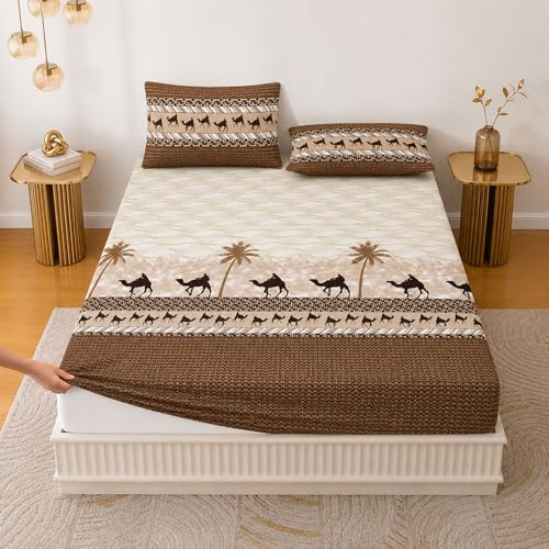 Image of Jaipur Weaves Bedsheet King Size 100% Pure Cotton Bed Sheet with 2 Pillow Covers, 300 TC Premium Bedding Set, 72x78 inches, Soft Breathable Camel Design Bedding (Amber Desert, Super King Fitted)
