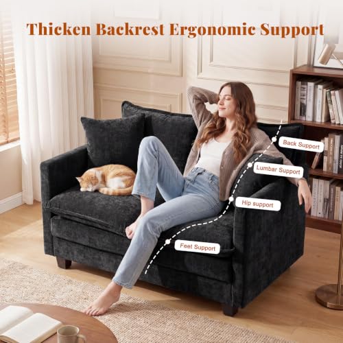 Image of 50'' Loveseat Sofa Set, Small Couch Set 2 Piece Cloud Love Seat with 27 inch Deep Seat Washable Chenille Pillows Couches for Small Spaces Apartment Living Room, Black