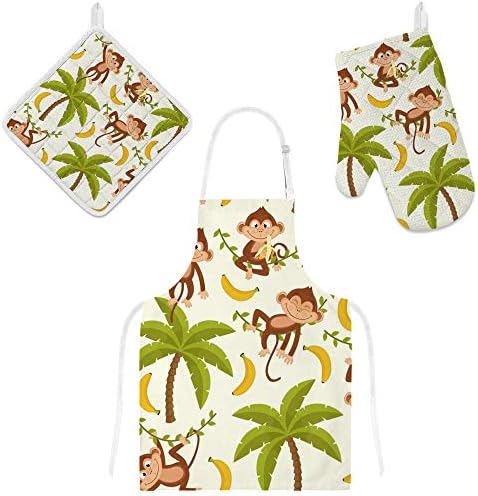 Top Carpenter Polyester Insulation Kitchen Oven Mitts Potholder Apron 3Pcs Set Monkey On Palm Tree Non Slip Heat Resistant Gloves for Baking Cooking BBQ