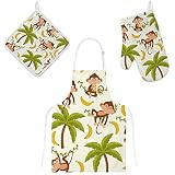 Top Carpenter Polyester Insulation Kitchen Oven Mitts Potholder Apron 3Pcs Set Monkey On Palm Tree N