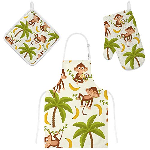 Top Carpenter Polyester Insulation Kitchen Oven Mitts Potholder Apron 3Pcs Set Monkey On Palm Tree Non Slip Heat Resistant Gloves For Baking Cooking Bbq #TOP4